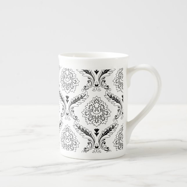 Rococo Damask Linjemönster Svart på Vitt Benporslin Mugg (Höger)