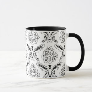 Rococo Damask Linjemönster Svart på Vitt Mugg