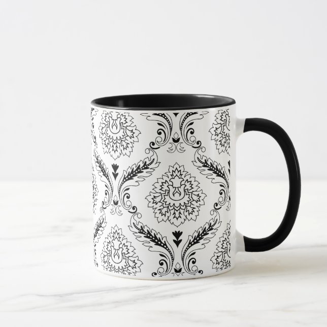Rococo Damask Linjemönster Svart på Vitt Mugg (Höger)