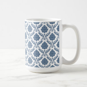 Rococo Damask Liten Mönster Blå på Vit Kaffemugg