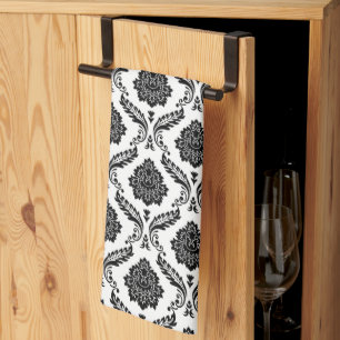 Rococo Damask Liten Mönster Svart på Vitt Kökshandduk