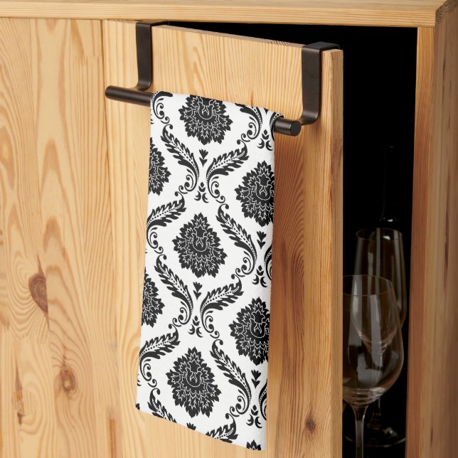 Rococo Damask Liten Mönster Svart på Vitt Kökshandduk (Thirds Fold)