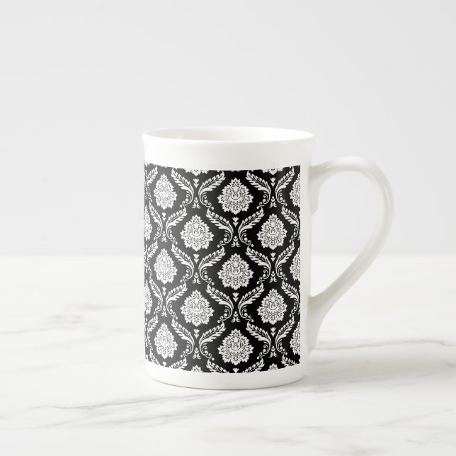 Rococo Damask Liten Mönster Vit på Svart Benporslin Mugg (Höger)