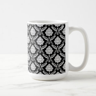 Rococo Damask Liten Mönster Vit på Svart Kaffemugg