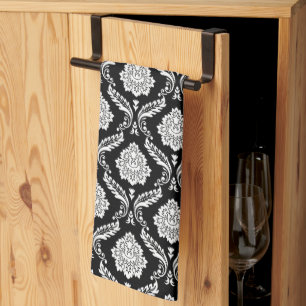 Rococo Damask Liten Mönster Vit på Svart Kökshandduk