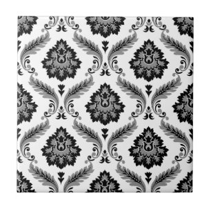 Rococo Damask Mönster Grå Svart Vitt Kakelplatta
