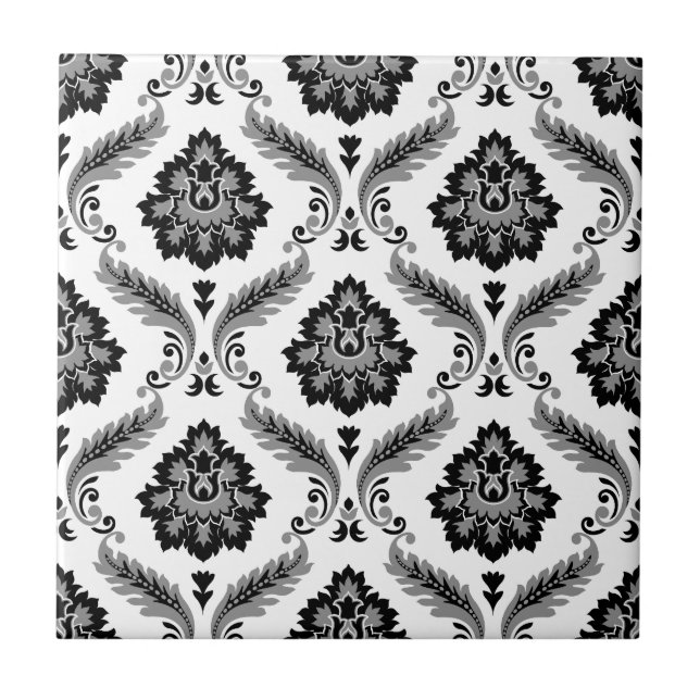Rococo Damask Mönster Grå Svart Vitt Kakelplatta (Framsidan)