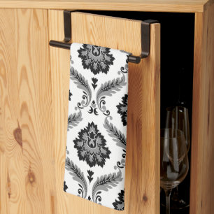 Rococo Damask Mönster Grå Svart Vitt Kökshandduk