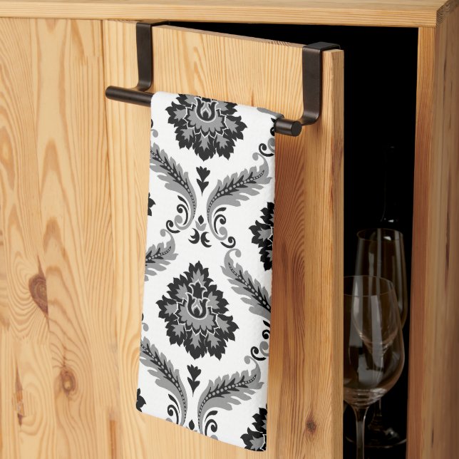 Rococo Damask Mönster Grå Svart Vitt Kökshandduk (Thirds Fold)