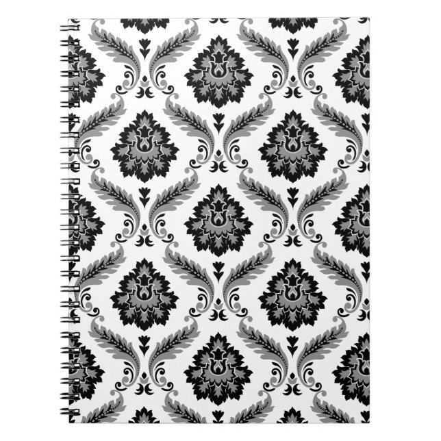 Rococo Damask-mönster Grått Svart Vitt Anteckningsbok (Framsidan)
