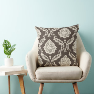 Rococo Damask Off-Set 2-vägs mönster Brun+Kräm Kudde