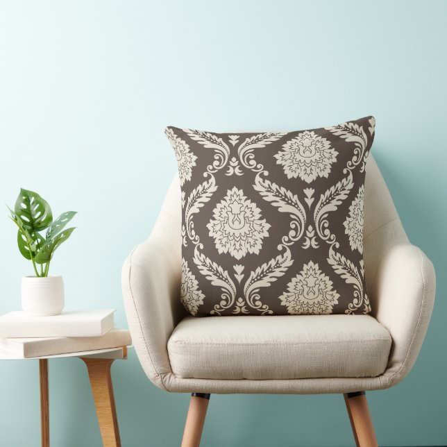 Rococo Damask Off-Set 2-vägs mönster Brun+Kräm Kudde (Stol)