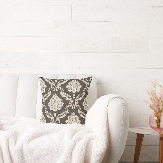 Rococo Damask Off-Set 2Vägs Mönster Brun+Krem Kudde (Soffa)