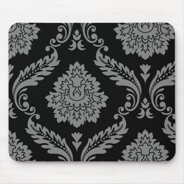 Rococo Damask Offsetmönster Grått på Svart Musmatta (Framsidan)