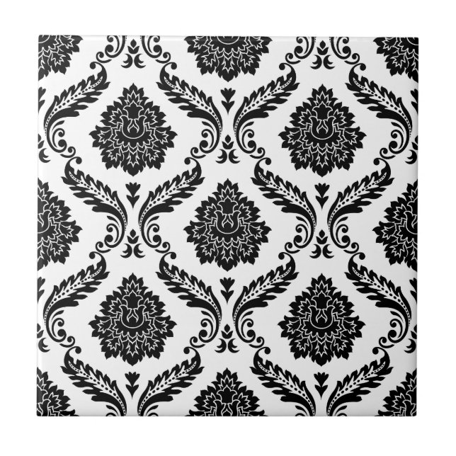 Rococo Damask Pattern Black on White Kakelplatta (Framsidan)