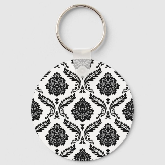 Rococo Damask Pattern Black on White Nyckelring (Framsida)