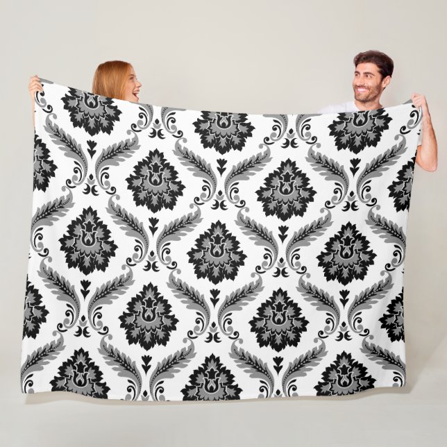 Rococo Damask Pattern Grey Black White Fleecefilt (På plats)