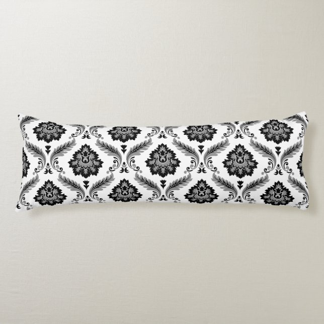 Rococo Damask Pattern Grey Black White Kroppskudde (Framsidan)