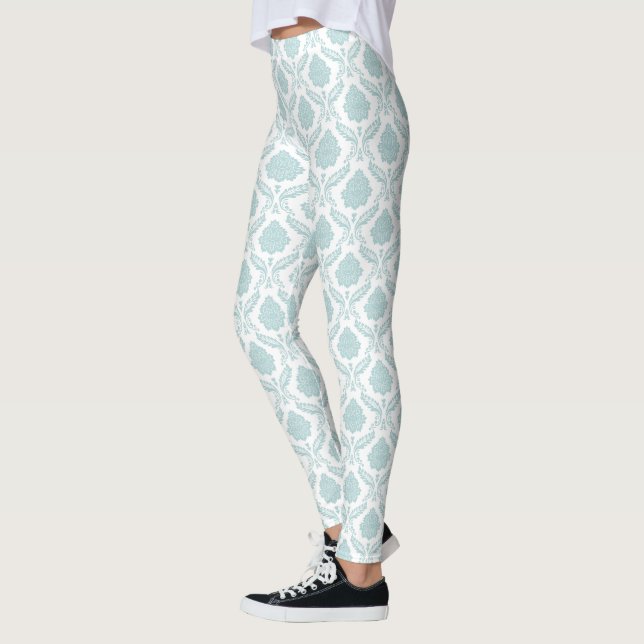 Rococo Damask Rpt Mönster Anka Ägg Blå på Vit Leggings (Vänster)