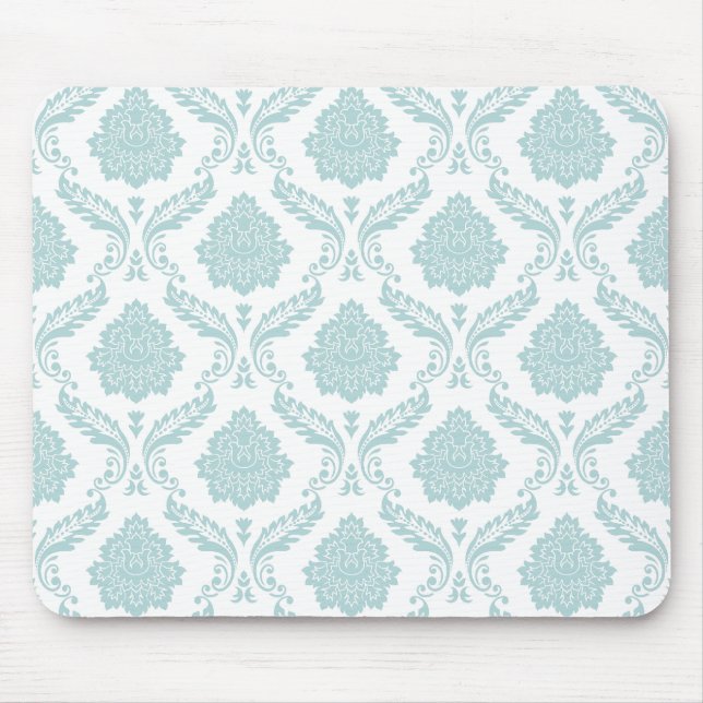 Rococo Damask Rpt Mönster Anka Ägg Blå på Vit Musmatta (Framsidan)