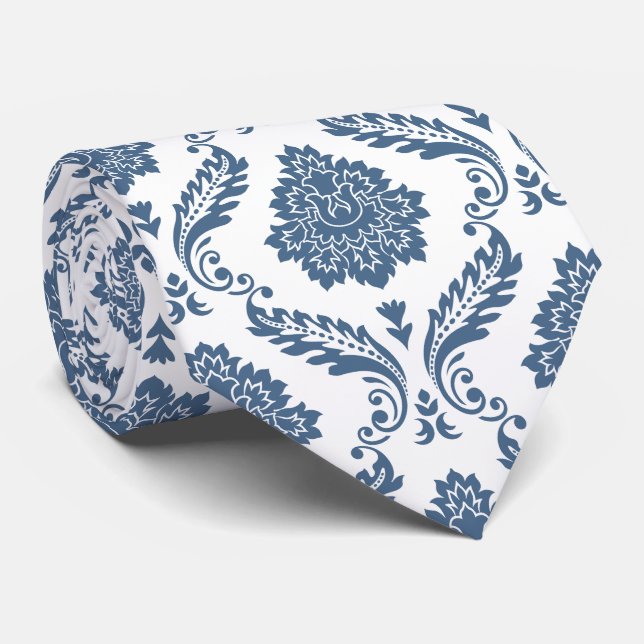 Rococo Damask Rpt Mönster Blått på Vitt Slips (Rullad)