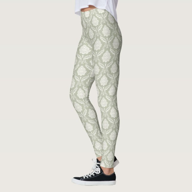 Rococo Damask Rpt Mönster Kräm på Grönt Leggings (Vänster)