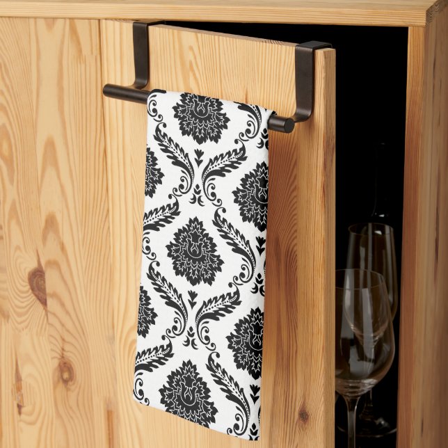Rococo Damask Rpt Mönster Svart på Vitt Kökshandduk (Thirds Fold)