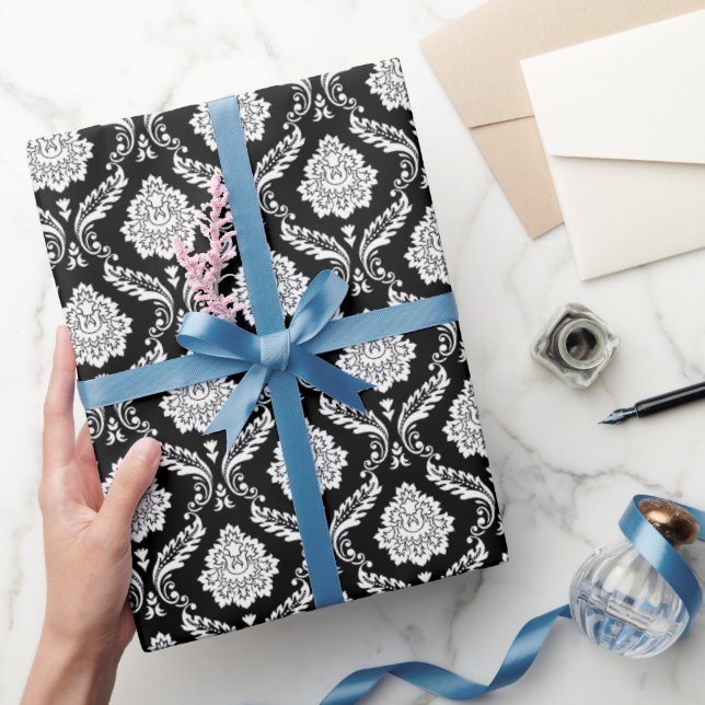 Rococo Damask Rpt Mönster Vit på Svart Presentpapper (Gifting)