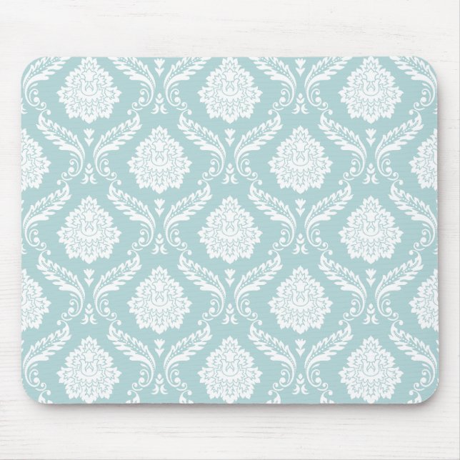 Rococo Damask Rpt Mönster Vitt på Ankor Blå Musmatta (Framsidan)