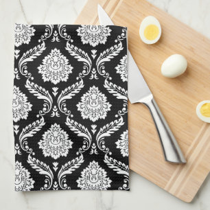 Rococo Damask Rpt Mönster Vitt på Svart Kökshandduk