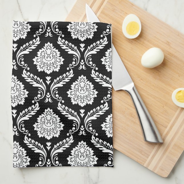 Rococo Damask Rpt Mönster Vitt på Svart Kökshandduk (Vikt i Fjärdedel)