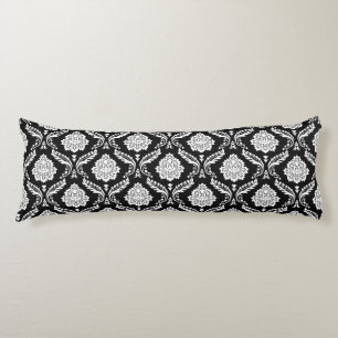 Rococo Damask Rpt-mönster Vitt på svart Kroppskudde