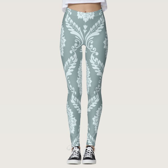 Rococo Damask Stort Mönster Andegg Blå+Turkos Leggings (Framsida)