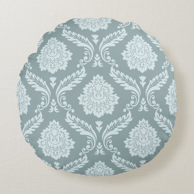 Rococo Damask Stort Mönster Anka Ägg Blå+Turkos Rund Kudde (Framsidan)