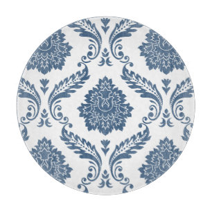 Rococo Damask Stort Mönster Blått på Vitt