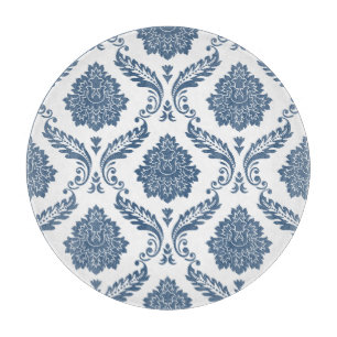 Rococo Damask Stort Mönster Blått på Vitt