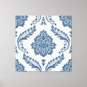 Rococo Damask Stort Mönster Blått på Vitt Canvastryck