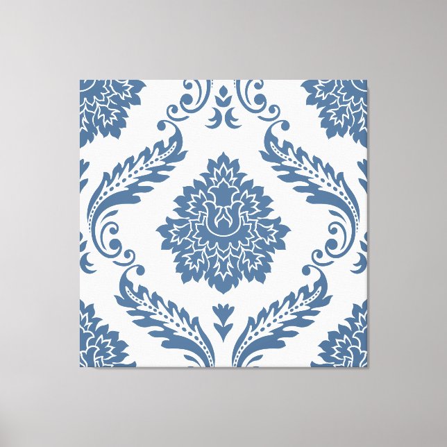 Rococo Damask Stort Mönster Blått på Vitt Canvastryck (Framsida)
