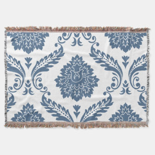 Rococo Damask Stort Mönster Blått på Vitt Filt