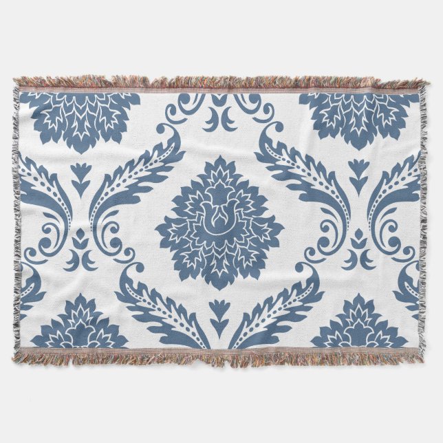 Rococo Damask Stort Mönster Blått på Vitt Filt (Framsidan)