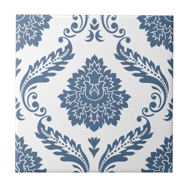 Rococo Damask Stort Mönster Blått på Vitt Kakelplatta (Framsidan)