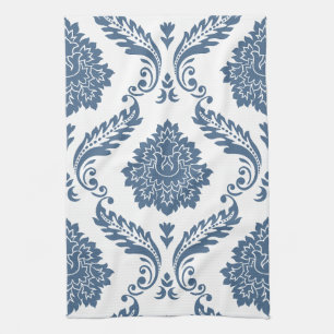 Rococo Damask Stort Mönster Blått på Vitt Kökshandduk
