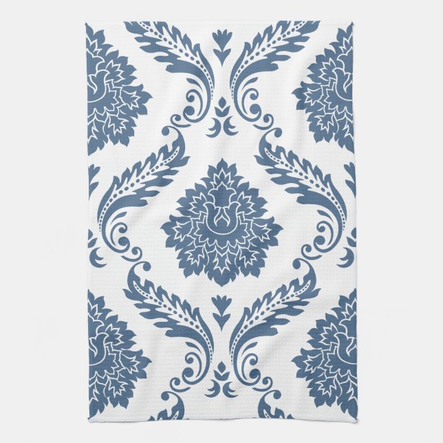 Rococo Damask Stort Mönster Blått på Vitt Kökshandduk (Vertikal)
