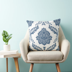 Rococo Damask Stort Mönster Blått på Vitt Kudde