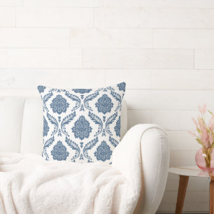 Rococo Damask Stort Mönster Blått på Vitt Kudde