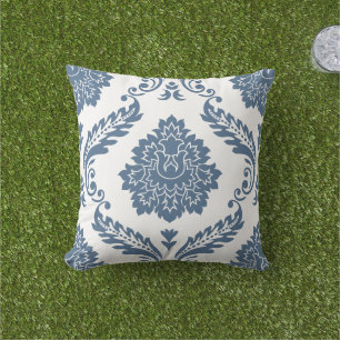 Rococo Damask Stort Mönster Blått på Vitt Kudde