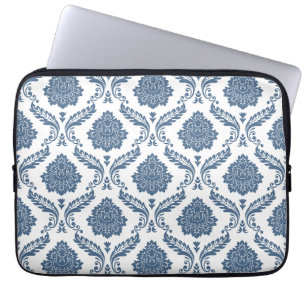 Rococo Damask Stort Mönster Blått på Vitt Laptop Fodral