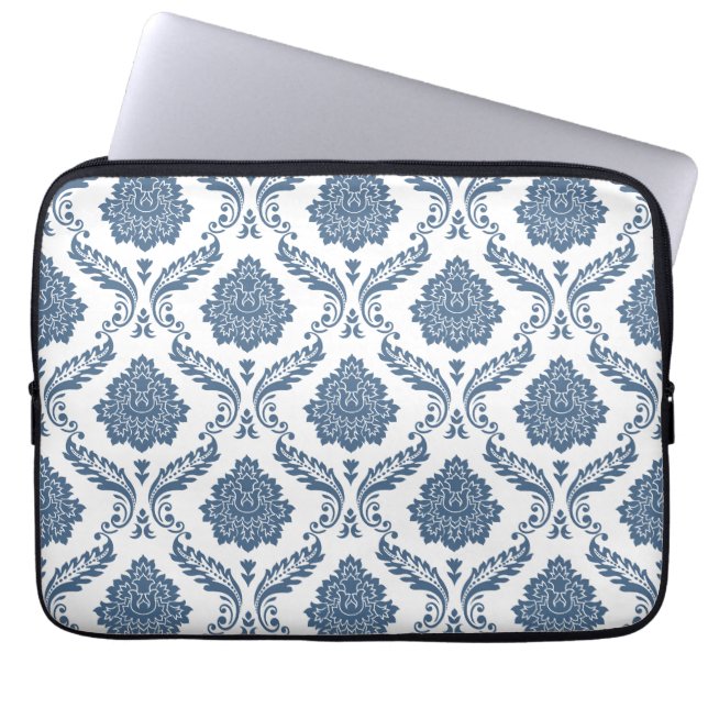 Rococo Damask Stort Mönster Blått på Vitt Laptop Fodral (Framsidan)