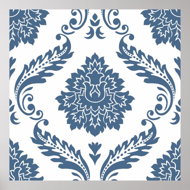 Rococo Damask Stort Mönster Blått på Vitt Poster (Framsidan)