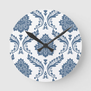 Rococo Damask Stort Mönster Blått på Vitt Rund Klocka